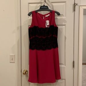 Dark red sleeveless dress with black lace